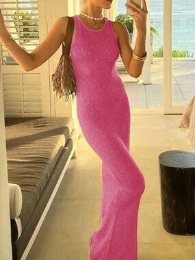 Pink Elegant Women's Shiny See-Through Midi Knit Maxi Beach Cover-Up Dress